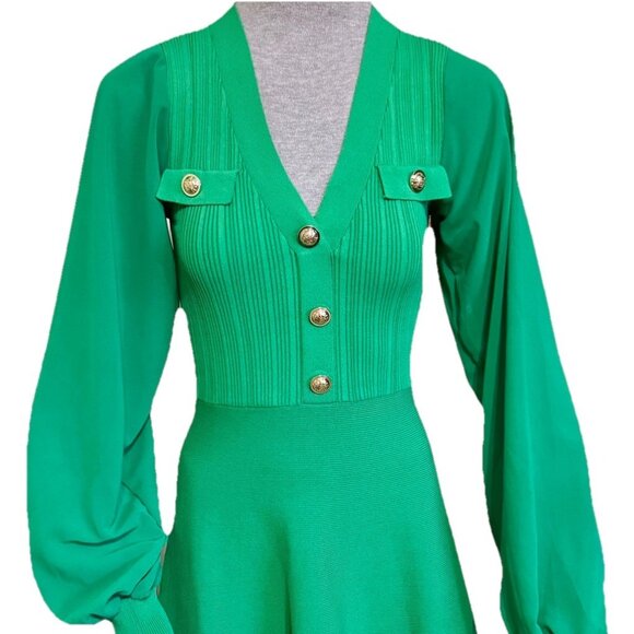 Karen Millen Green Viscose Blend Mini Knit Dress Chiffon Sleeve Military Trim XS - Picture 1 of 16